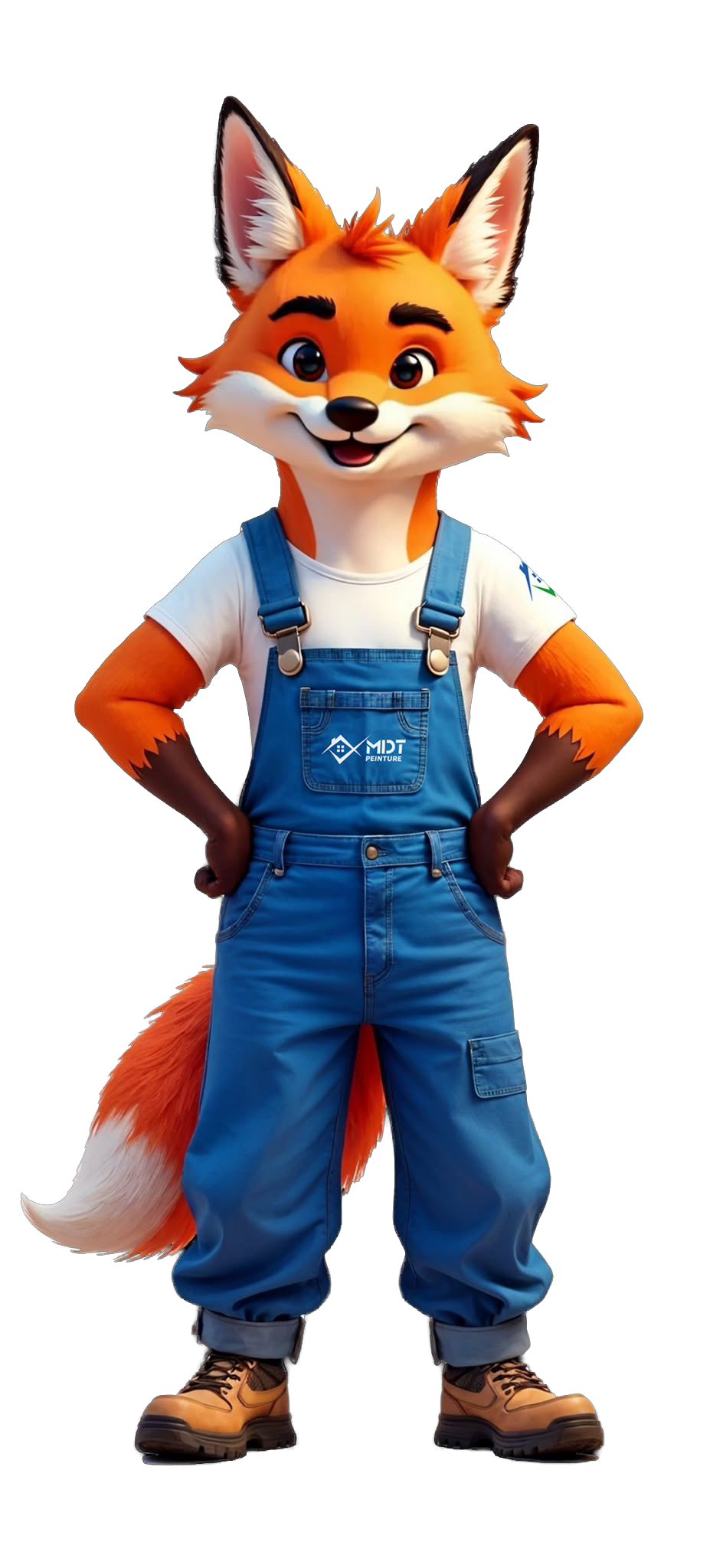 Mascotte MDT Peinture : un renard en salopette de peintre aux couleurs de l'entreprise